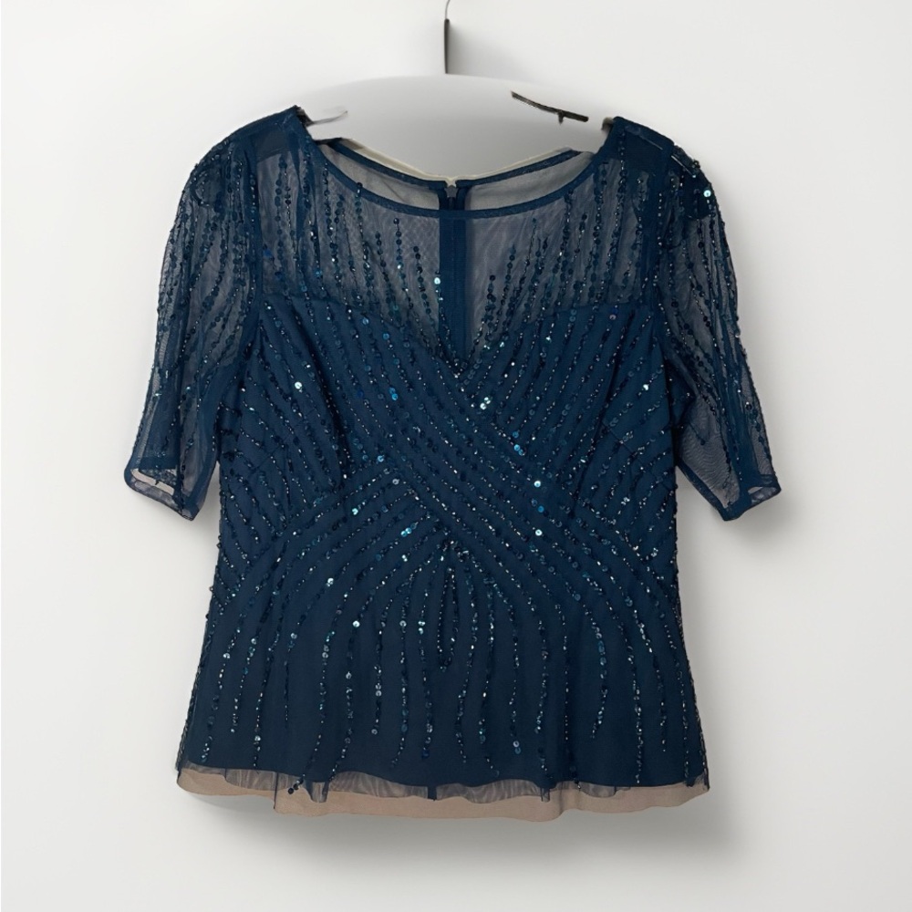 Adrianna Pappel Cocktail Wedding Navy Blue Beaded Top Sz 8 Overlay Sheer formal